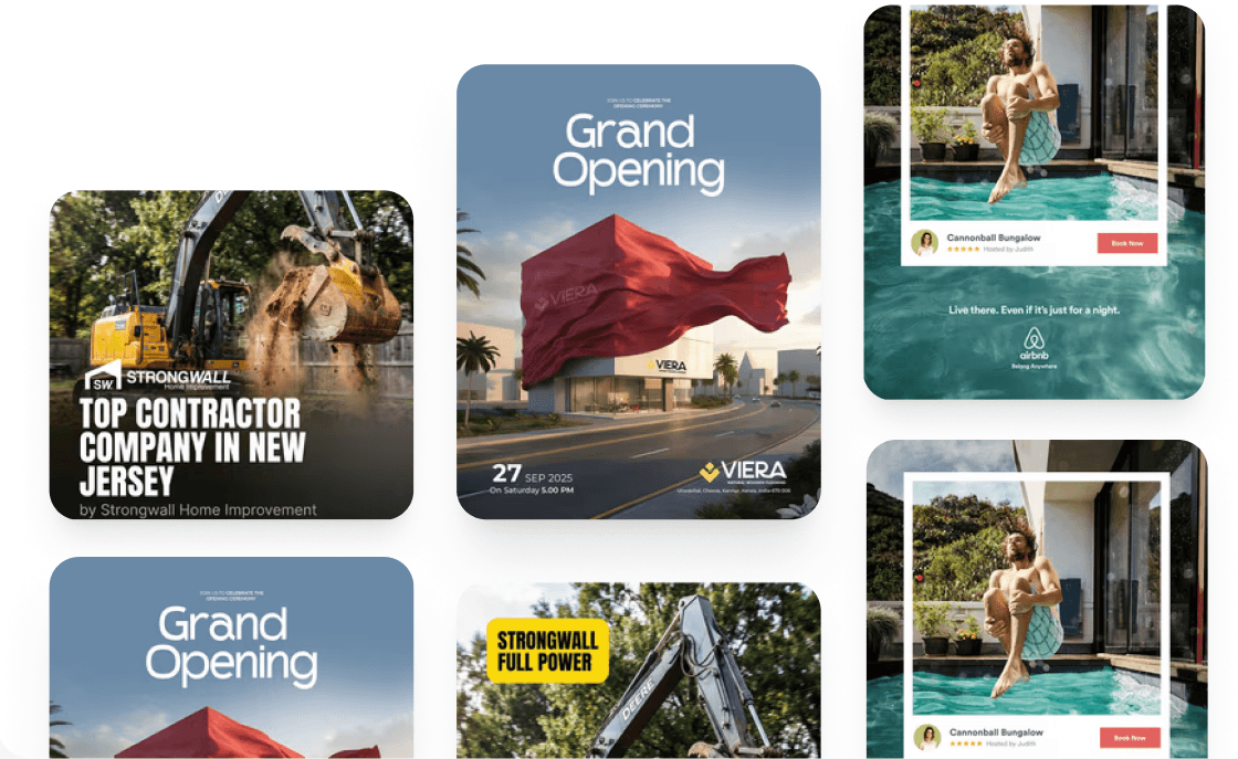 Ad library grid of finished creatives across industries: contractor, grand opening, and vacation rental ads