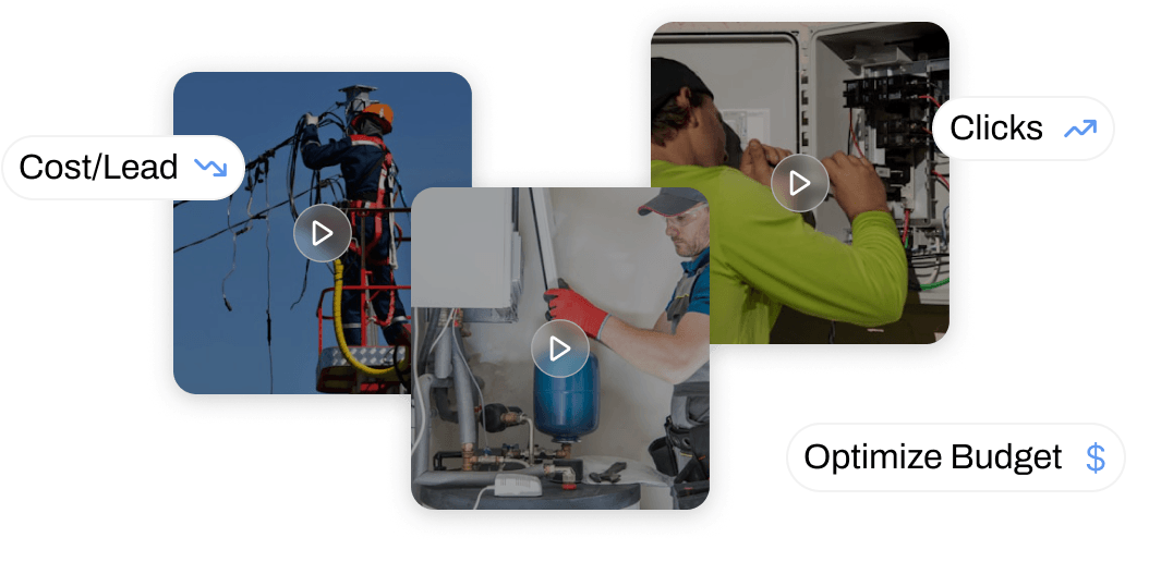 Ad performance view: three video ad thumbnails with floating Cost per Lead, Clicks, and Optimize Budget metrics
