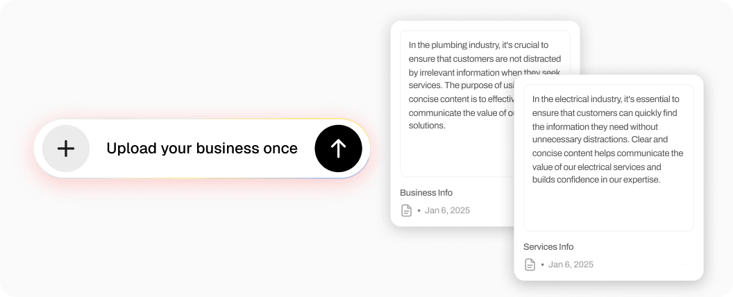 Upload your business once: an upload prompt beside saved Business Info and Services Info document cards