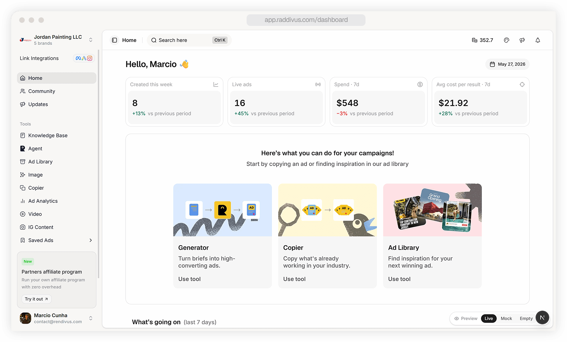 Raddivus dashboard showing spend, live ads, and cost per result across every brand