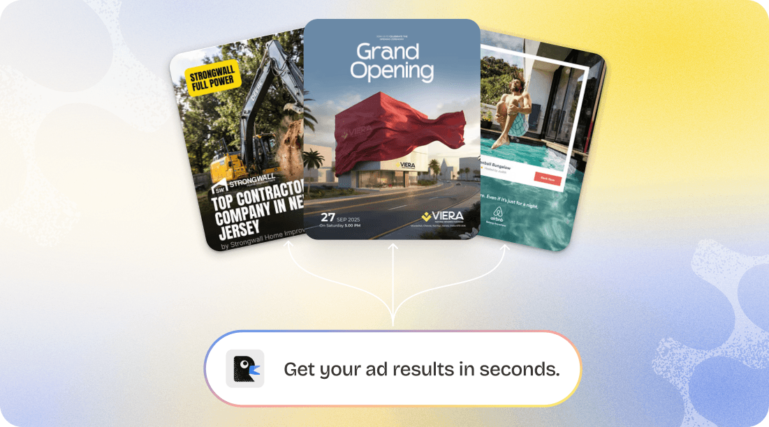 Three finished ad creatives generated by Raddivus fanned above a Get your ad results in seconds pill