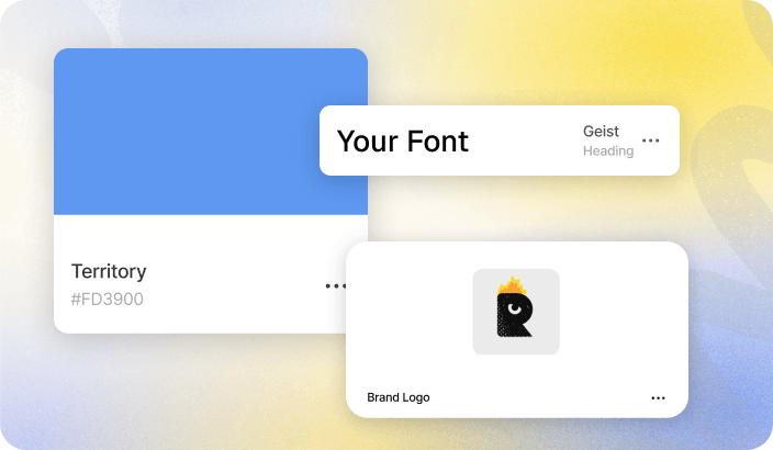Brand Kit cards showing a saved color, font, and logo